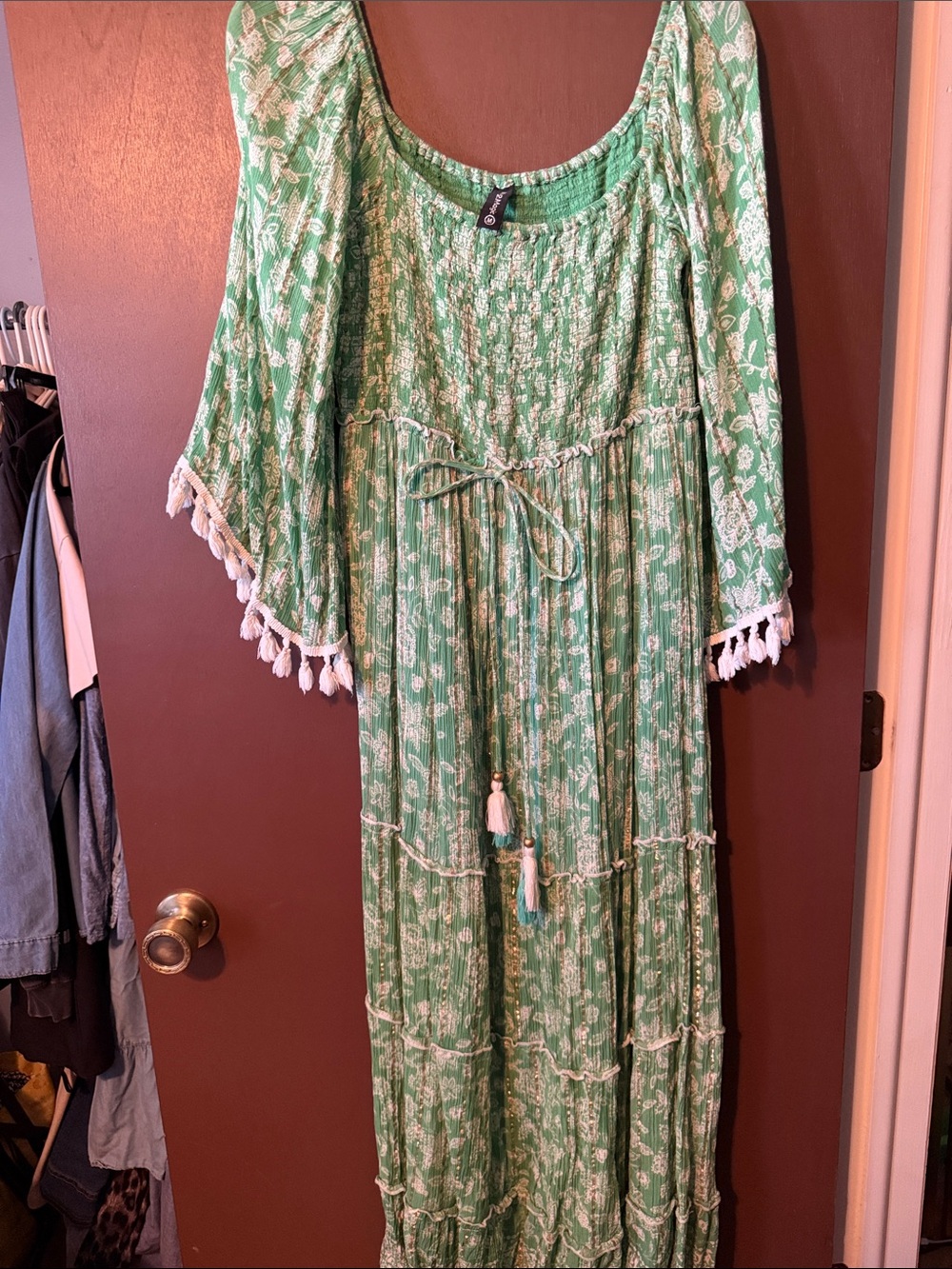 Green Boho Tassel Maxi Dress with White Floral Print